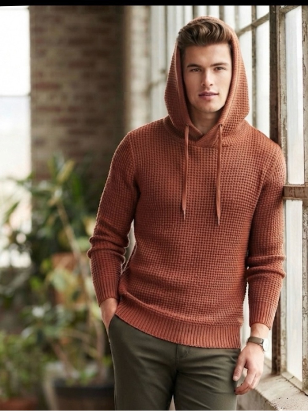 Cozy & Classic: Express Waffle-Knit Hoodie Sweater Burnt Orange Medium